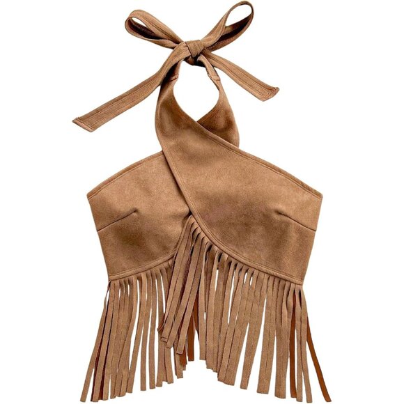 Women's Sleeveless Halter Top Crop with Fringe and Criss Cross Detail - Picture 1 of 5